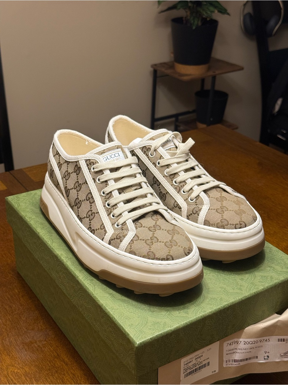 Gucci Beige GG Canvas Low-Top Sneakers with White Trim and Tan Sole
